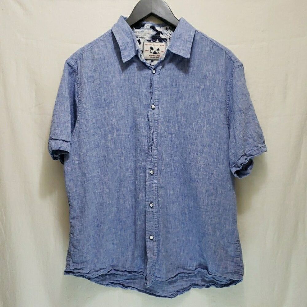 Report Collection Short Sleeve Linen Blend Shirt Blue Breathable Comfort Size XL